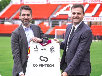 Sponsorship jersey of CG Fintech worn by professional football players in collaboration with AUFC